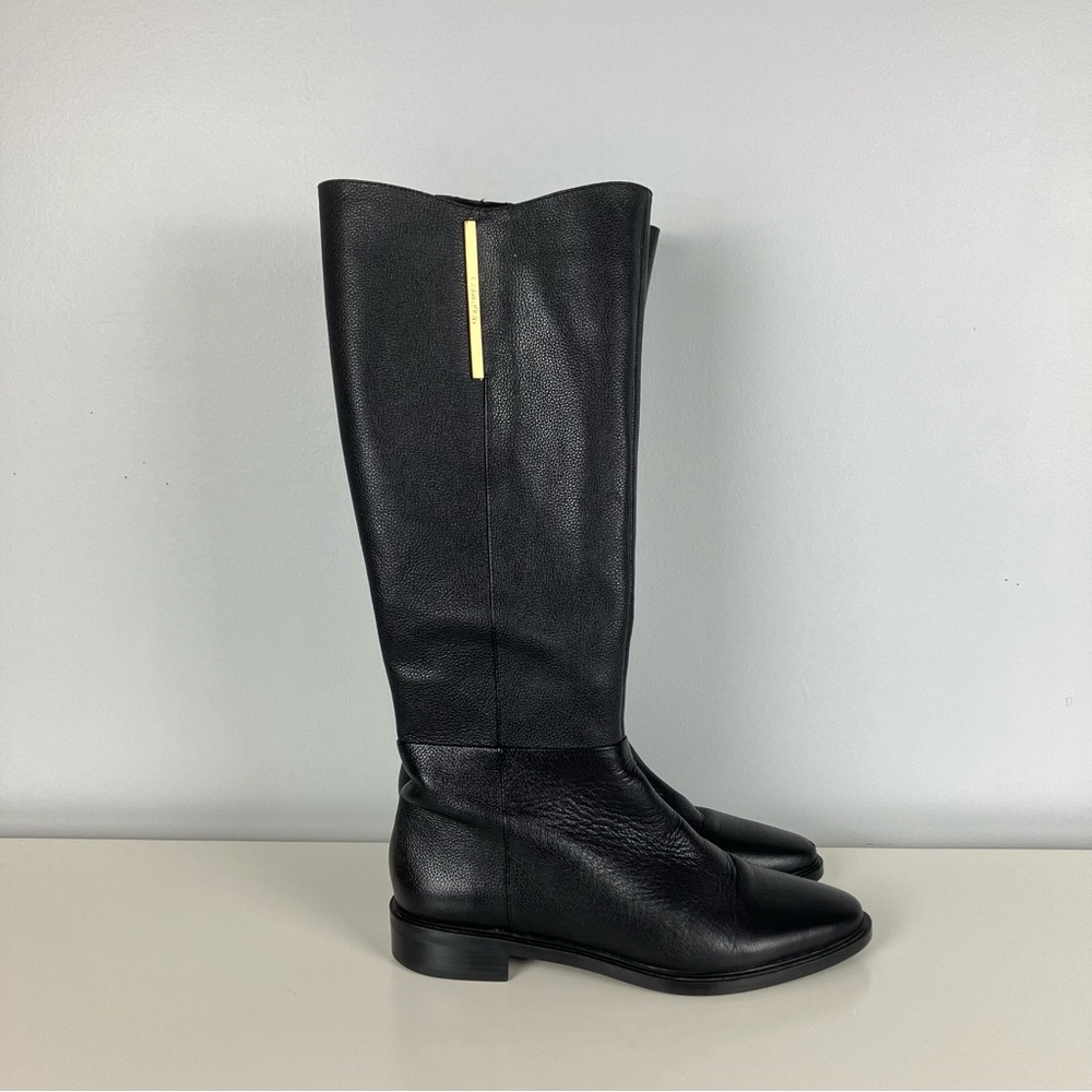 Calvin Klein Francine Tall Riding Boots Black Leather Gold Tone Logo Womens 6.5